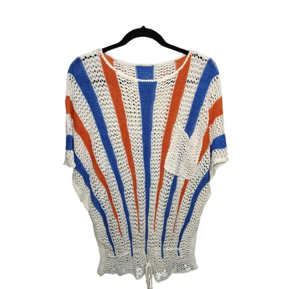 Boho Crochet Top with Drawstring Hem - Striped Knit Pocket Top Oversized - Picture 4 of 9